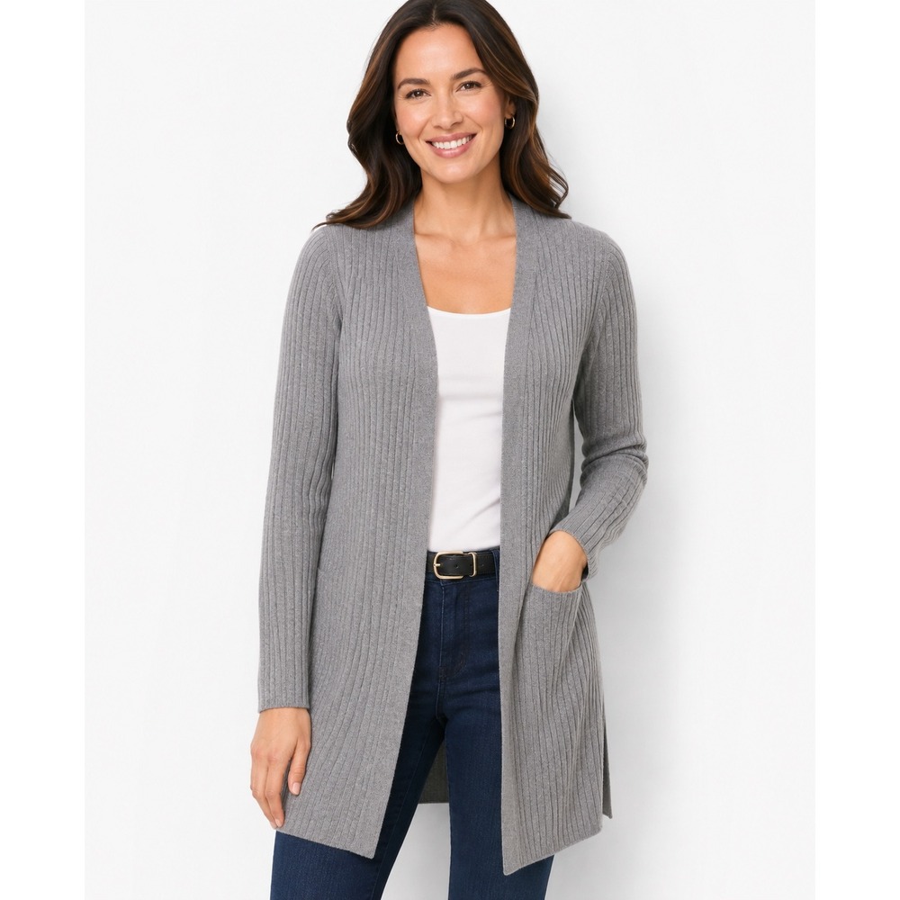 Talbots Grey Ribbed Open Front Duster Cardigan Gold Button Cuff Sweater Medium